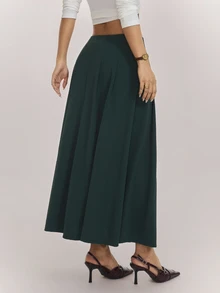 SHEIN PETITE Women's Solid Color Pleated Design Elegant Commuter Skirt - Green - View 2