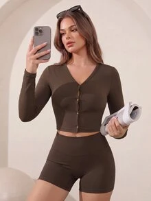 Easithlete جاكيت رياضي نسائي بلون موحد وأكمام طويلة وأزرار مفردة - بني - مشاهدة 4