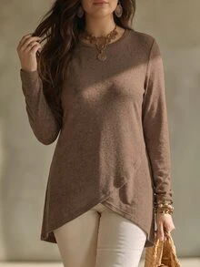 SHEIN LUNE Women's Autumn/Winter New Hot-Selling Round Neck Asymmetrical Hem Mid-Length Plus Size T-Shirt - Coffee Brown - View 3