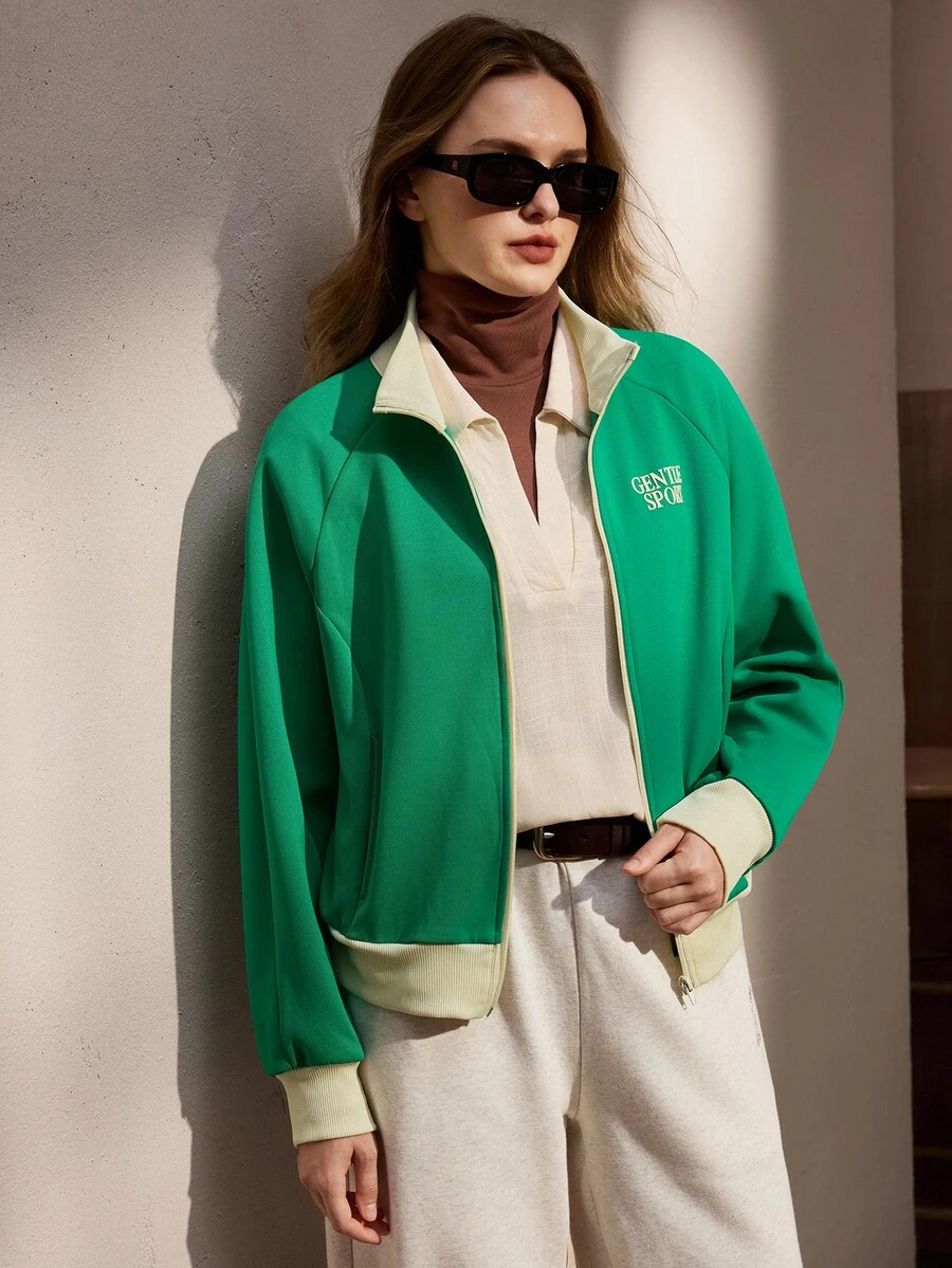 Nima Coro Letter Print Contrast Color Stand Collar Zip-Up Long Sleeve Sweatshirt Suitable For Daily Wear - Green - View 1