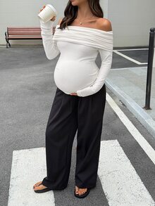 DAZY 春秋新款露肩翻領修身優雅長袖孕婦T恤 初秋風格 - 白色 - 查看 5