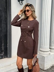 Serisse Women's Striped Round Neck Long Sleeve Button Design Napoleon Short Dress,Fall/Winter Elegant Formal Luxury Business Chic Basic Christmas - Multicolor - View 4