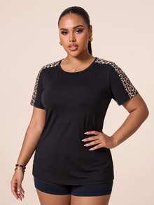Rhythm Era Rhythm Era Plus Size Women's Leopard Print Raglan Sleeve Patchwork Short Sleeve Yoga Running Sports Top - Black - View 1
