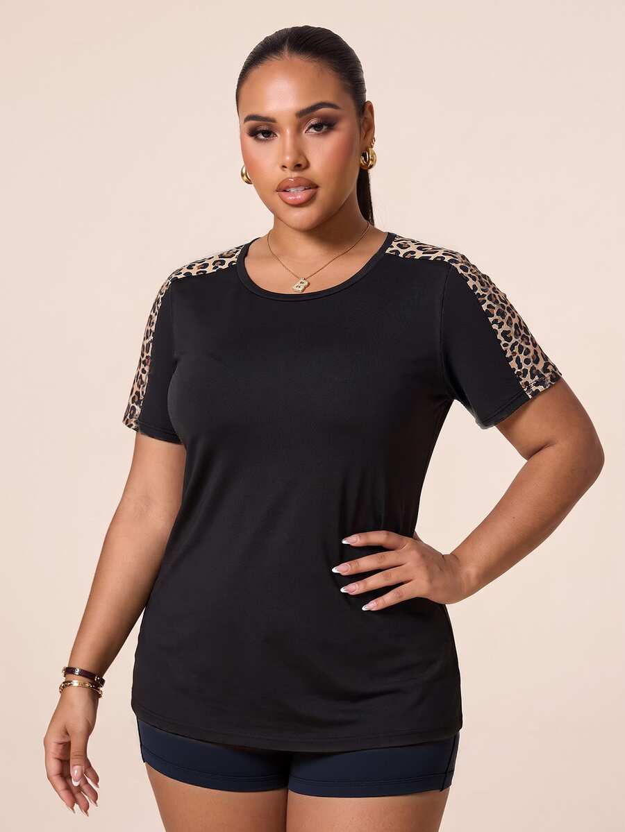 Rhythm Era Rhythm Era Plus Size Women's Leopard Print Raglan Sleeve Patchwork Short Sleeve Yoga Running Sports Top - Black - View 1