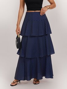 SHEIN Tall Navy Blue Polka-Dot Maxi Skirt With Exaggerated Tiered Ruffles For Tall Women - Navy Blue - View 3