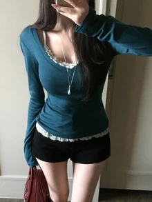 DAZY Women's Dark Green V-Neck Lace Trim Patchwork Slim Fit Long Sleeve Knit Thin Base Layer T-Shirt - Blue - View 1