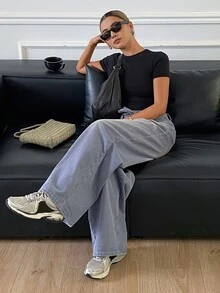 DAZY Women's Distressed Washed Faded Belted Loose Wide Leg Jeans, Casual Streetwear Everyday Autumn/Winter - Blue - View 3
