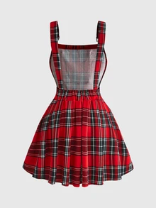 ROMWE Grunge Punk Plus Size Plaid Button Pleated Dress - Red - View 2