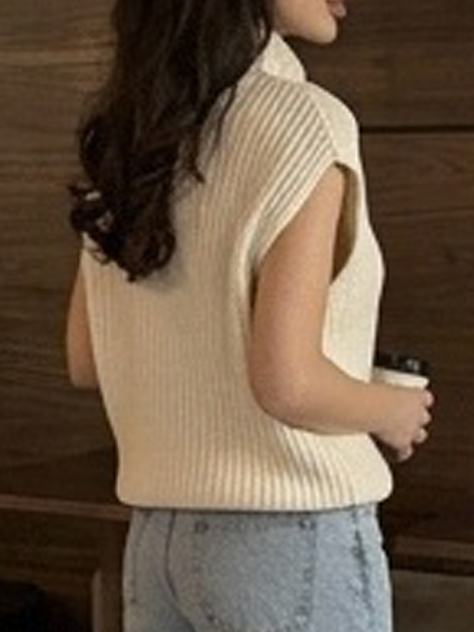 Women's Beige High Neck Ribbed Knit Loose Drop Shoulder Sleeveless Solid Color Versatile Elegant Knit Top