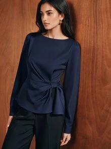Anewsta Atasan Wanita Lengan Panjang Elegan Serbaguna dengan Desain Kerah Perahu Warna Polos Terbaru untuk Awal Musim Gugur, Belahan Pinggang, dan Detail Kerutan - Navy Blue - View 5