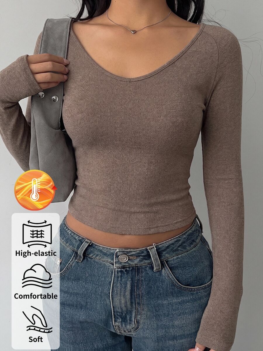 SHEIN BASICS Stylish Women's Ribbed Knit U Neck Long Sleeve Crop Top Perfect For Everyday Winter Wear Fall/Winter Winter Warmth - Brown - View 1