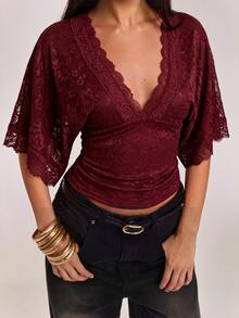 SHEIN BAE Elegantes, sexy Damen-Top mit tiefem V-Ausschnitt, Spitzen-Patchwork, Blumenmuster und transparentem Design, geeignet für Lässig, Ausgehen, Boho-Stil, Spitzen-Top, beiges Top, Sommer-Top - Bordeaux - Übersicht 6