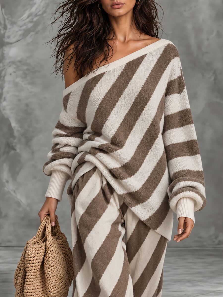 LUMIGAL Women's Striped Asymmetrical Shoulder Long Sleeve Loose Sweater - Multicolor - View 1