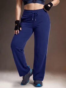 Powerista Women's Plus Size Navy Blue & White Contrast Color Drawstring Tie Waist Sports Pants - Navy Blue - View 7