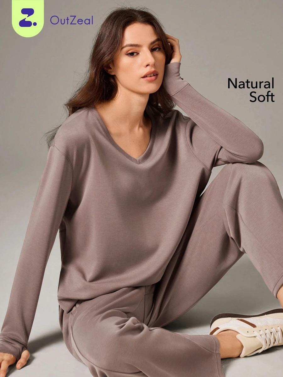 OutZeal Women Sports Sweatshirt Daily Casual Lounge Natural Soft Solid Color V Neck Long Sleeve T-Shirt - Brown - View 1