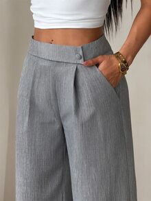 SHEIN PETITE 女款竹纖維面料長褲，前腰拼接鈕扣設計，優雅教師制服風格，專業休閒，感恩節、萬聖節必備，百搭寬鬆飄逸直筒褲 - 灰色 - 查看 5