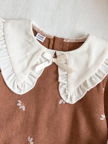 SHEIN Vintaside Kids 1pc Baby Girls Bodysuit Cute Sweet Brown Cream Floral Ruffle Bow Long Sleeve Ruffle Cuff Peter Pan Collar Ribbed Party Fall Elegant Chic - Brown - View 5