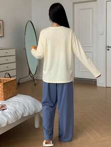 DAZY 2pcs Happy Puppy Pattern Loose Long Sleeve T-Shirt & Straight Leg Long Pants Women's Pajama Set - Yellow - View 2
