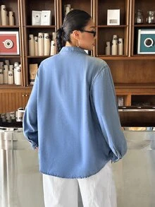 Rivivi Plus Size Knight Print Button Long Sleeve Denim Top - Blue - View 2
