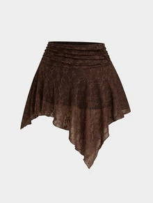 Sweetra Plus Size Women's Pleated Asymmetrical Hem Fashion Lace Skirt - Coffee Brown - View 3