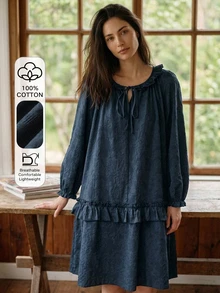 DAZY Women's Solid Color Pleated Casual Daily Home Sleep Dress - Navy Blue - View 7