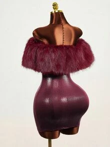Mistrie Women's Autumn/Winter Sexy Party Solid Burgundy Off-Shoulder Faux Fur Collar Patchwork PU Mini Dress - Burgundy - View 9