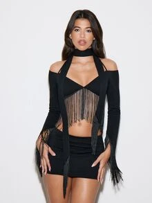 BAD SUNDAY Autumn/Winter Women's Sexy Long Sleeve Fringe Patchwork Cropped 2 Pieces Set Y2K Millennium Style Party Birthday Outfit - Black - View 1