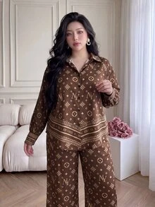 Vibekara Versatile Elegant Brown All-Over Print Long Sleeve Shirt + Straight Leg Wide Leg Pants Loose Fit Slimming Casual 2 Pieces Set - Rust Brown - View 6