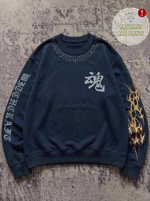 SHEIN EZwear 秋季新品個性化東方元素 Y2K 龍圖案女款字母印花長袖休閒套頭衛衣，適合日常通勤、約會、聚會、秋冬/夏季、派對、婚禮、海灘、畢業典禮等場合，優雅休閒，適合出遊、Y2K 風格、音樂節等場景 - 彩色 - 查看 2