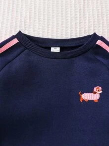 SHEIN 女童深藍色小狗刺繡運動衫套裝，側邊粉色織帶上衣 + 寬腿褲，寬鬆休閒兩件套，適合春秋穿著 - 寶藍色 - 查看 7