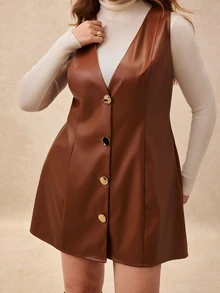 Écloséra Curve Women's Plus Size Autumn/Winter Solid Brown PU Leather Fashion Minimalist Front Button Cinched Waist A-Line Dress, Suitable For Commuting, Shopping And Other Daily Occasions - Brown - View 1