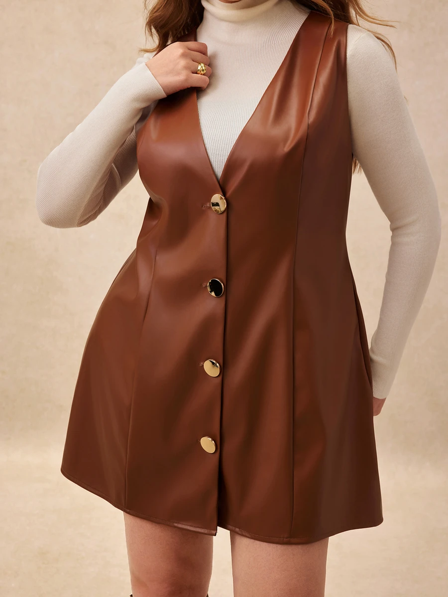 Écloséra Curve Women's Plus Size Autumn/Winter Solid Brown PU Leather Fashion Minimalist Front Button Cinched Waist A-Line Dress, Suitable For Commuting, Shopping And Other Daily Occasions - Brown - View 1