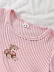 SHEIN 女童杏色羅紋熊圖案長袖上衣與休閒熊長褲套裝，居家服 - 粉色 - 查看 5