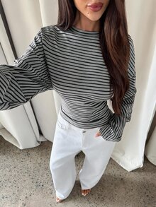 Aloruh 女款秋冬休閒寬鬆上身緊身下身條紋T恤 - 淺灰色 - 查看 3