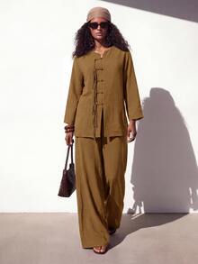 Zivah Women's Solid Color Long Sleeve Top And Pants Casual Daily Set - Mustard Yellow - View 1
