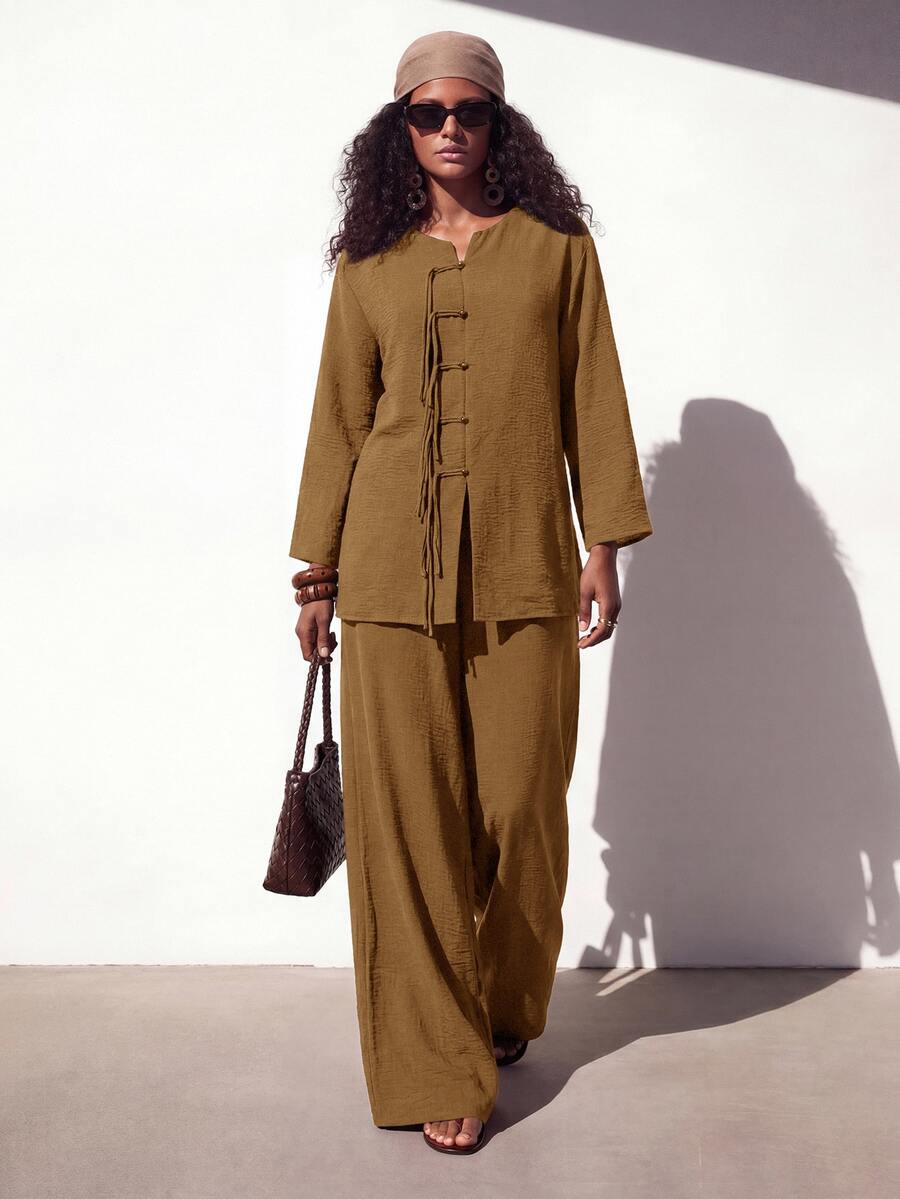 Zivah Women's Solid Color Long Sleeve Top And Pants Casual Daily Set - Mustard Yellow - View 1