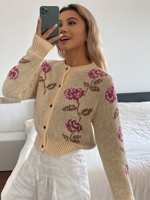 Livesso Autumn/Winter Khaki Round Neck Button Cable Knit Long Sleeve Slim Fit Ribbed Cardigan For Women - Khaki - View 3