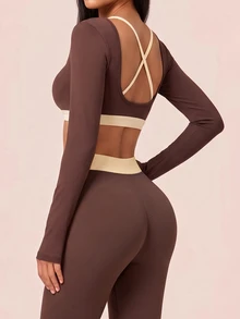 SHEIN BAE Women's Asymmetric Square Neck Colorblock Patchwork Cropped Casual Sports Long Sleeve T-Shirt - Coffee Brown - View 7