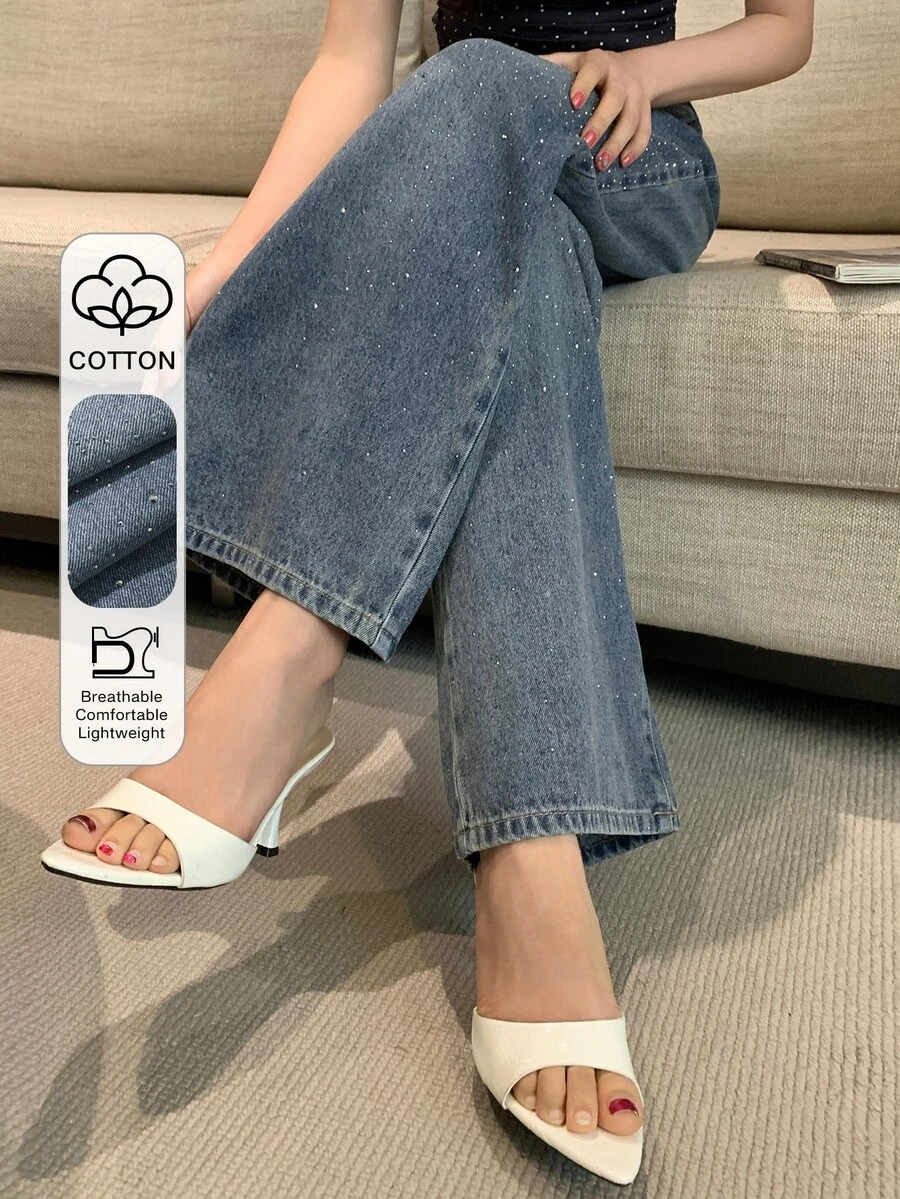 DAZY Women's High Waist Casual Sequin Jeans - Blue - View 1