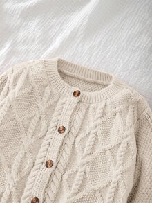 SHEIN 女童純色針織圓領花瓣袖休閒開襟毛衣 秋冬針織衫 - 杏色 - 查看 7