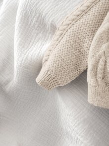 SHEIN 女童純色針織圓領花瓣袖休閒開襟毛衣 秋冬針織衫 - 杏色 - 查看 9