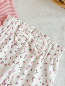 SHEIN 3pcs Baby Girl Bodysuit + Pants Cute Sweet Pink White Floral Print Bow Ruffle Flutter Sleeve Round Neck Regular Party Fall Elegant Chic Boutique - Pink - View 3