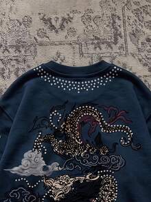 SHEIN EZwear 秋季新品個性化東方元素 Y2K 龍圖案女款字母印花長袖休閒套頭衛衣，適合日常通勤、約會、聚會、秋冬/夏季、派對、婚禮、海灘、畢業典禮等場合，優雅休閒，適合出遊、Y2K 風格、音樂節等場景 - 彩色 - 查看 5