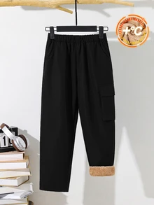 SHEIN 青少年男孩休閒百搭保暖內裡加厚工裝長褲，下身褲，適合秋冬、學校、家庭聚會、度假、派對，秋季穿搭，冬季 - 黑色 - 查看 2