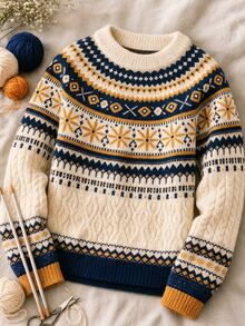 SHEIN Franclia Women's Round Neck Long Sleeve Fair Isle Vintage Sweater - Apricot - View 1