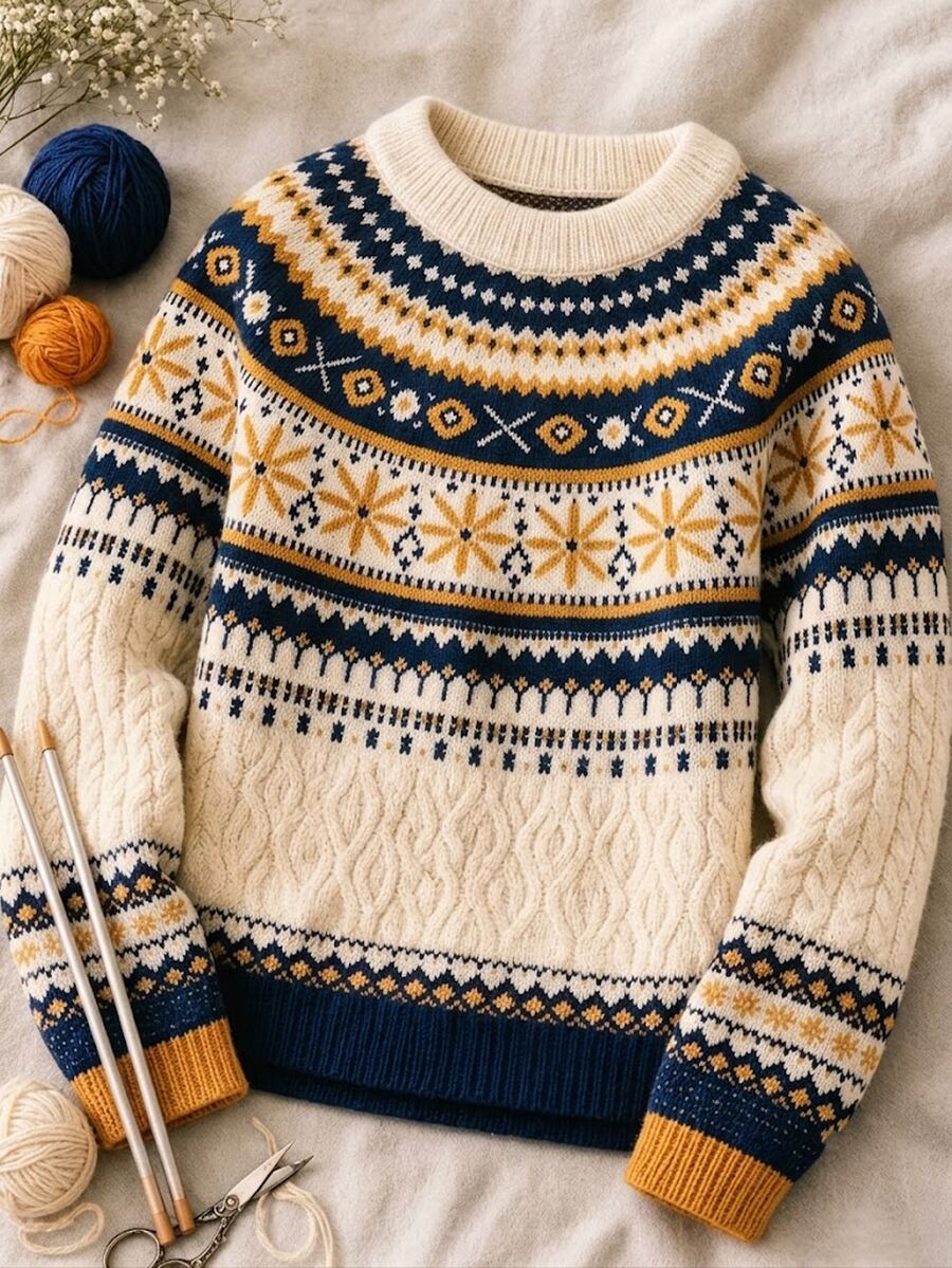 SHEIN Franclia Women's Round Neck Long Sleeve Fair Isle Vintage Sweater - Apricot - View 1