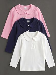 Elladie kids 女童3件組長袖 Polo 衫，彼得潘領精緻愛心鈕扣，長袖 T 恤，基本純色修身 T 恤，適合返校季 - 彩色 - 查看 4
