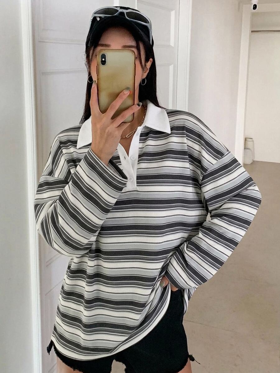 DAZY 女款條紋寬鬆 Polo 領落肩長袖休閒 T 恤 - 灰色 - 查看 1