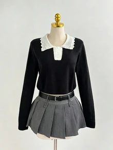 Sweetra Ruffled Collar Half-Button Short Long Sleeve Sweater - Black and White - View 3