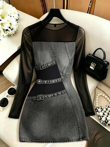GlowEve CURVE Plus Size Casual Streetwear Stretch Mesh Patchwork Denim Print Bodycon Mini Dress - Grey - View 2